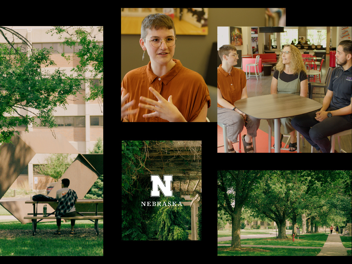 Collage of five photographs of UNL's campus and people