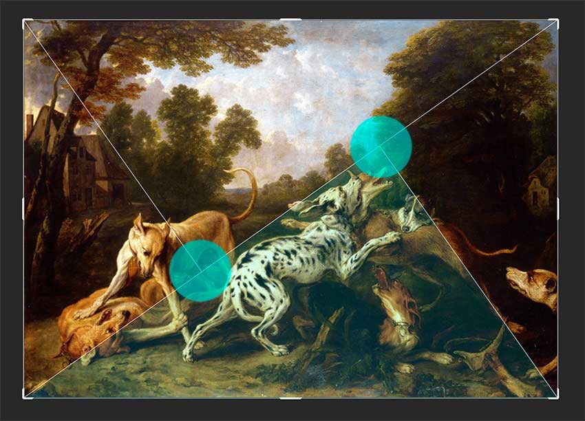 Lines and circles overlay the painting "Dogs Fighting in a Wooded Clearing" by Frans Snyders