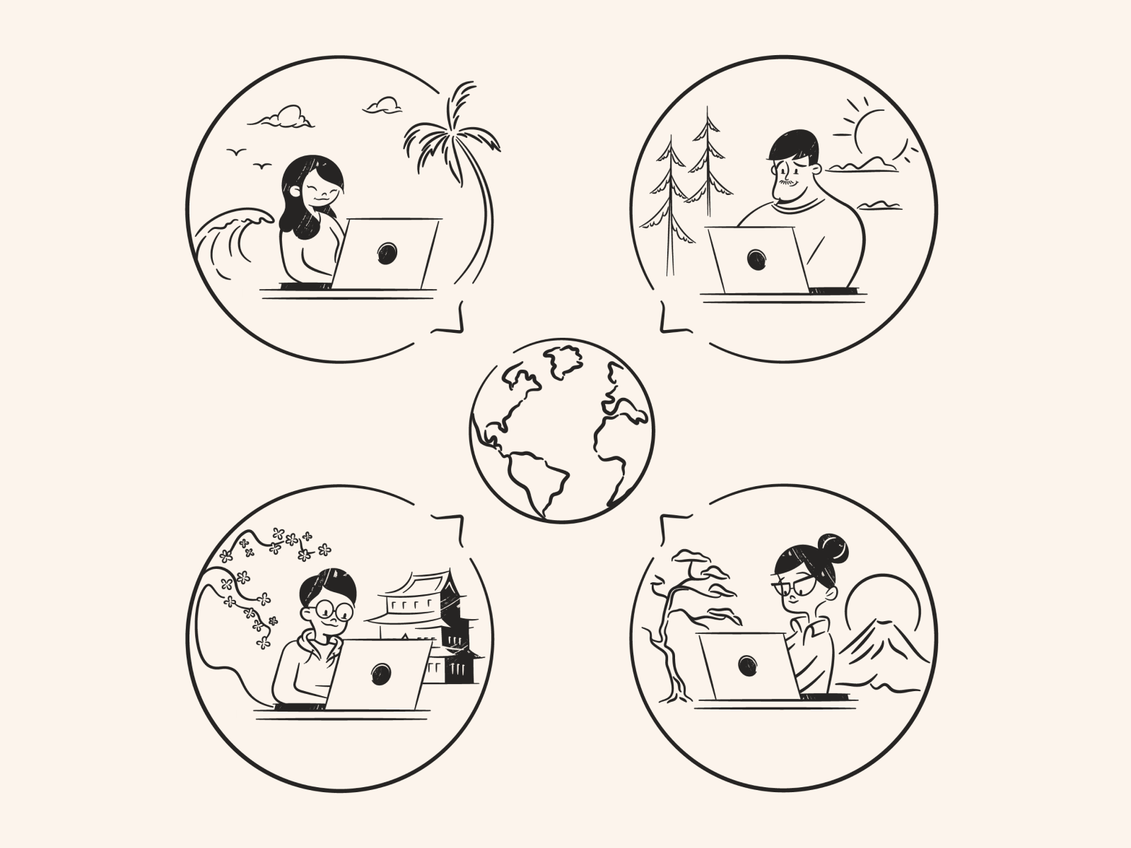 Illustrations of people working remotely in different environments.